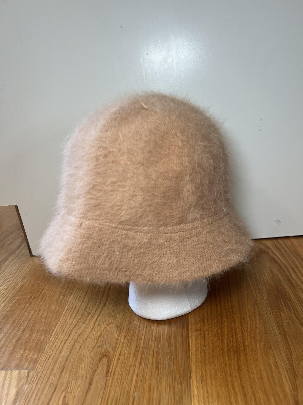 DNY Hat Cloche Fitted Womens One Size Beige Angora Fuzzy Bell Bucket Winter